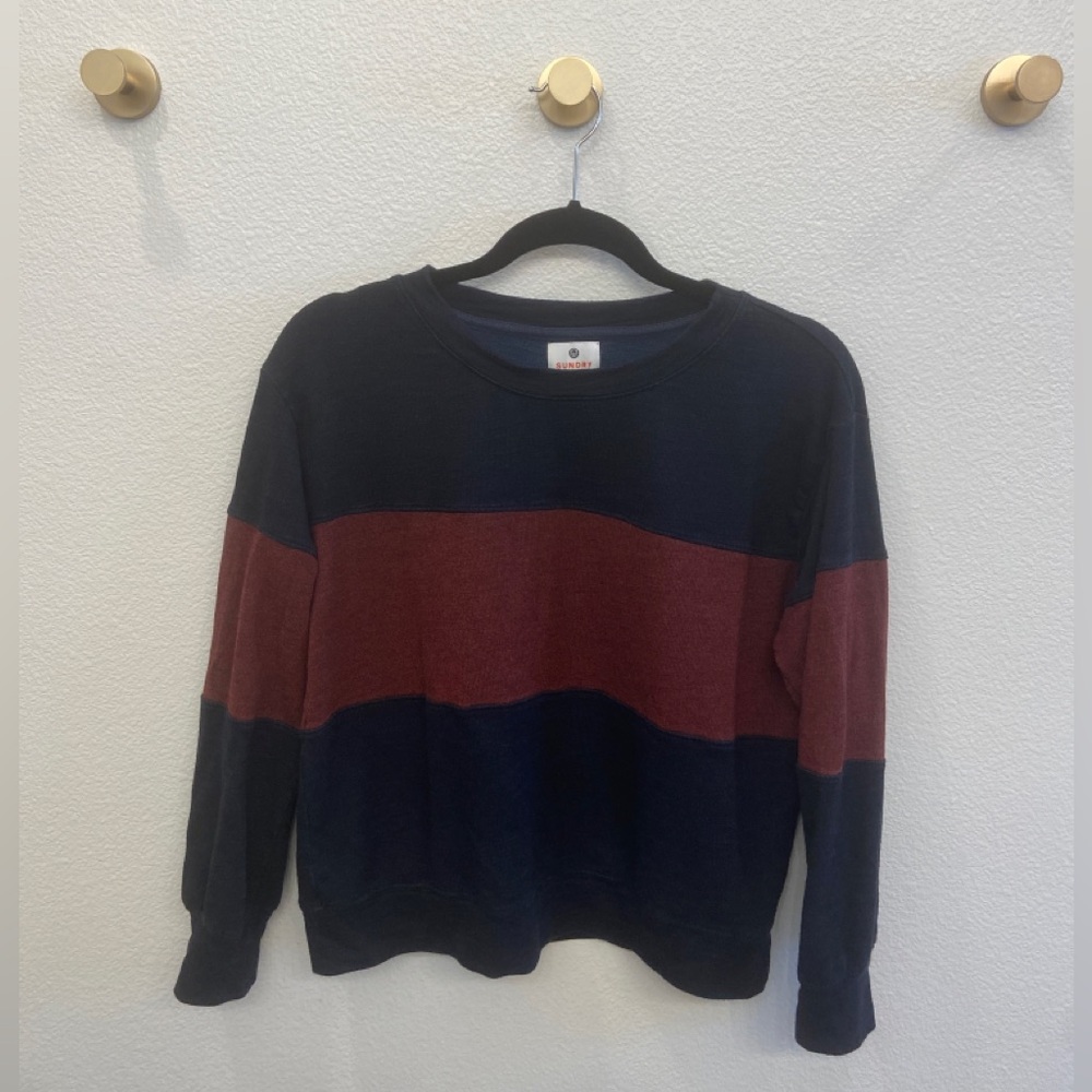Sundry Navy Heather Burgundy Stripe Colorblock Crewneck Sweatshirt Size 2